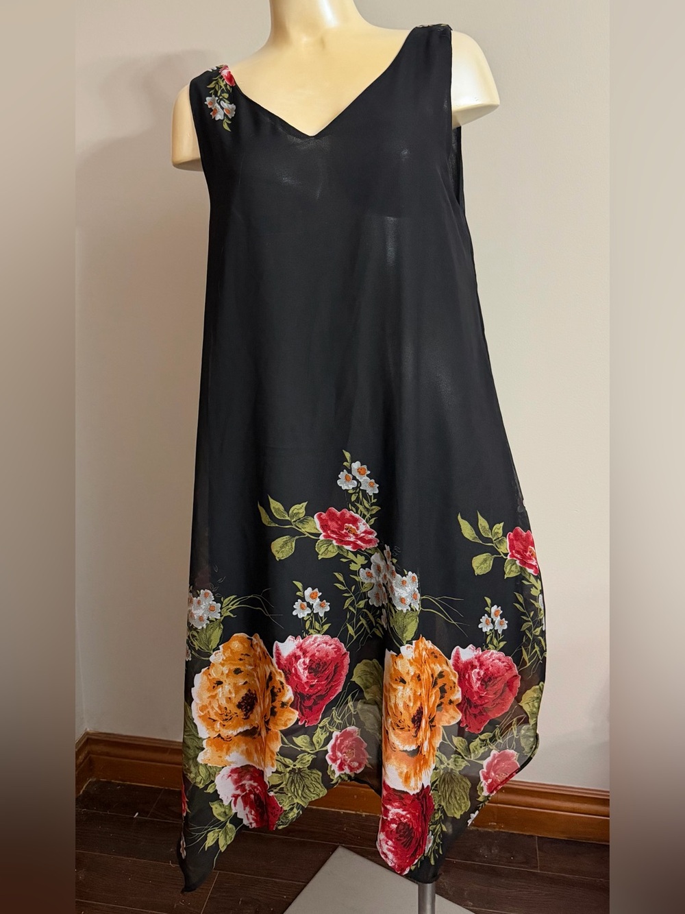 Rose Gal 1XL US Size 14 Floral Border Black Sleeveless A-Line Summer Midi Dress